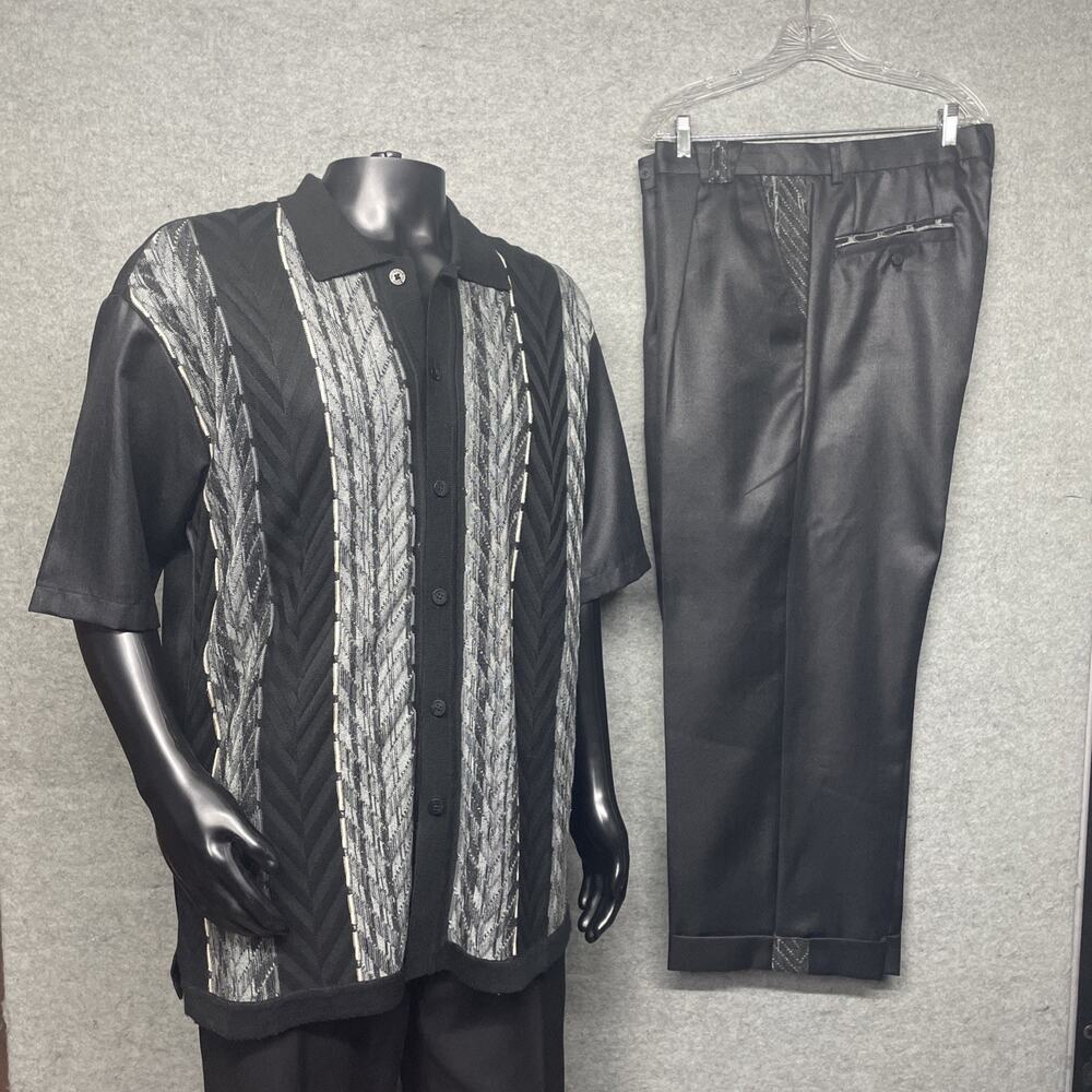 Silversilk Mens 2pc Walking Suit Blk/Grey Textured Knit Polo/Pants Set L/38W Mod